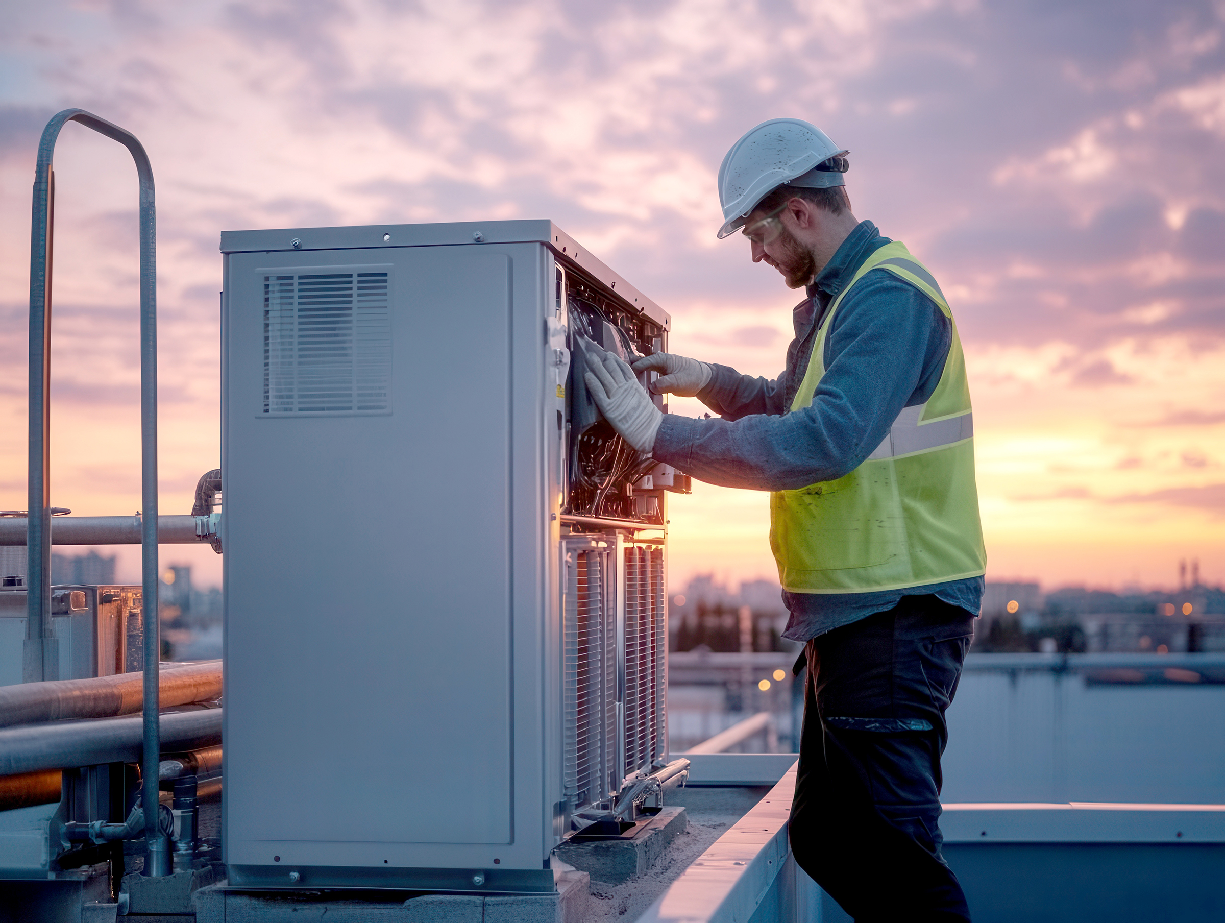 modern hvac technician in safety gear examining industrial rooft